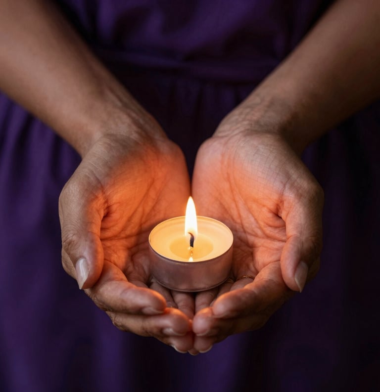 A close-up photograph of a South American woman's hands holding a sacred golden amulet, lit by warm flickering candlelight. The background is a rich dark purple fabric, evoking trust and mystery.