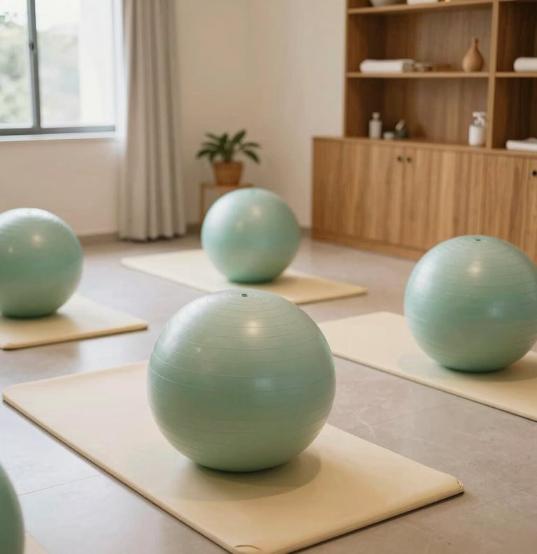 A bright photography of a Brazilian birth center preparation room, with exercise balls, soft mats, and warm wooden accents, everything in cream and light green tones.