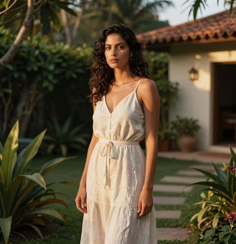 A serene South American woman standing in a lush, private Brazilian courtyard garden, wearing a soft off-white linen dress, evening golden hour lighting, cinematic and professional photography.