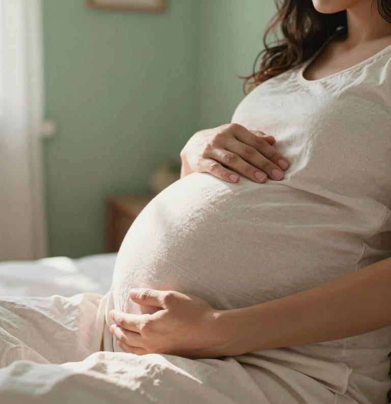A close-up of a pregnant South American woman's hands gently resting on her belly, in a brightly lit room with soft sage green walls and cream-colored linens, natural afternoon sunlight, professional photography.