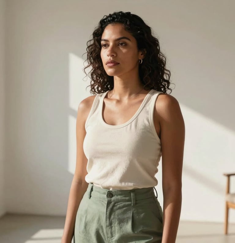 Portrait of a radiant South American woman in a sun-drenched studio, dressed in cream and muted green tones, expressing a calm strength and connection, minimalist Brazilian interior.
