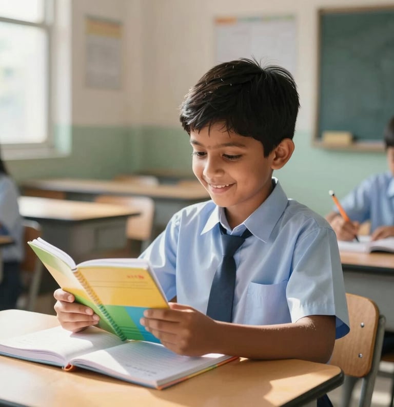 A bright, high-quality photograph of a South Asian child in a school uniform, smiling while holding a colorful notebook and pencil, natural morning sunlight streaming into a modern classroom.