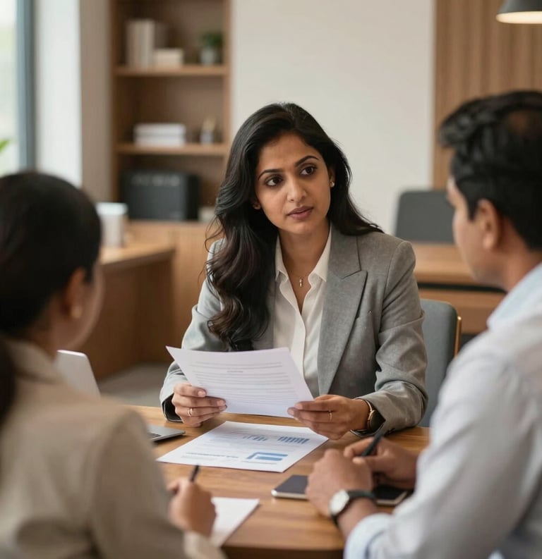 A professional South Asian woman in business attire explaining financial documents to a middle-aged Indian couple in a light-filled, premium office setting with warm wood furniture.