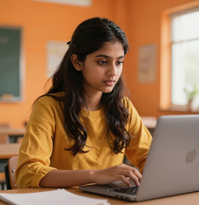 A detailed shot of a young South Asian / Indian woman learning on a laptop in a vibrant, orange-themed classroom. Her expression is focused and inspired, symbolizing progress and modern skill development.