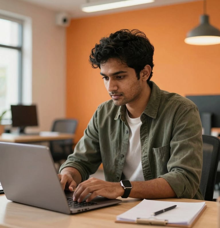 A cinematic, inspiring shot of a young South Asian man focused on his laptop in a modern, orange-accented workspace, showcasing a professional skill development environment.
