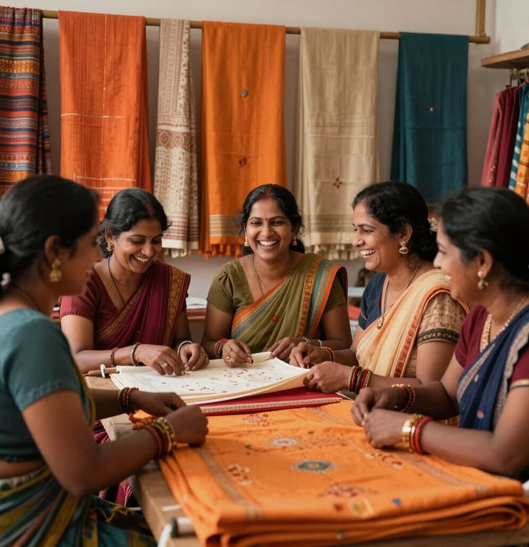 A group of South Asian women laughing and working together in a vibrantly colored boutique textile studio, bright orange and beige fabrics in the background, warm natural lighting.