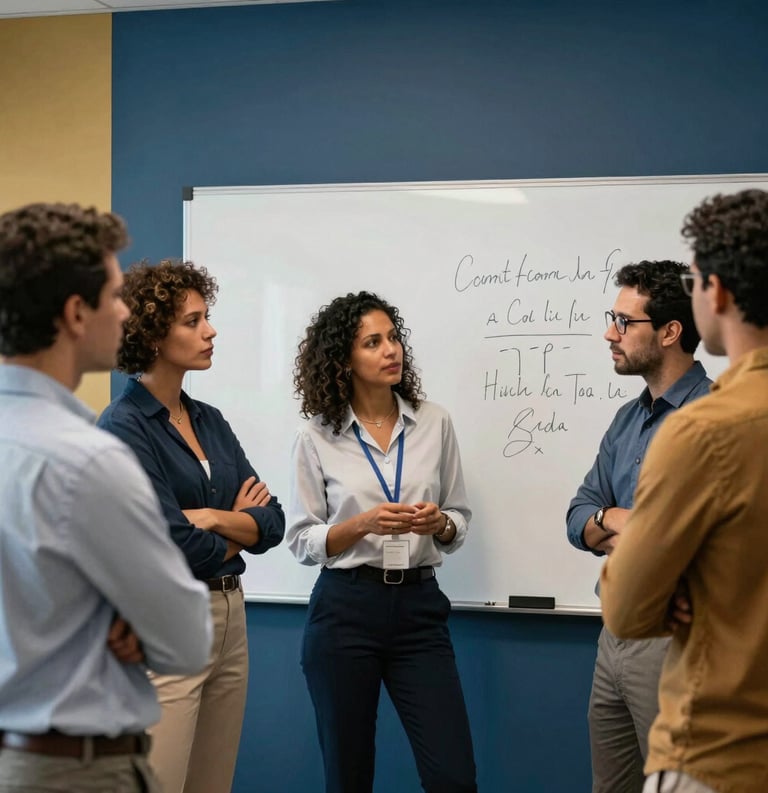 A dynamic workshop scene in Brazil with a group of South American professionals in business casual attire engaging in a discussion around a white board, medium blue and gold accents in the room.