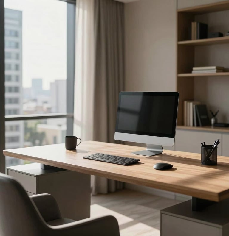A clean and organized minimalist home office in a high-rise Brazilian apartment, morning sunlight hitting a modern desk with high-end tech, professional and serene atmosphere.