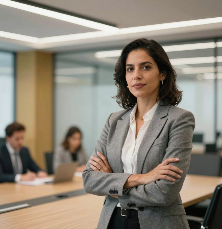 A professional South American woman delivering a confident presentation in a modern conference room, blurred office background with gold and steel blue accents, professional lighting.