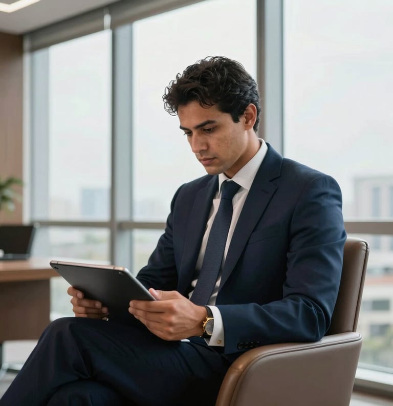 A professional South American businessman in a tailored suit sitting in a modern Brazilian office, reviewing a strategic report on a tablet, soft morning light coming through large windows, tones of navy and gold.