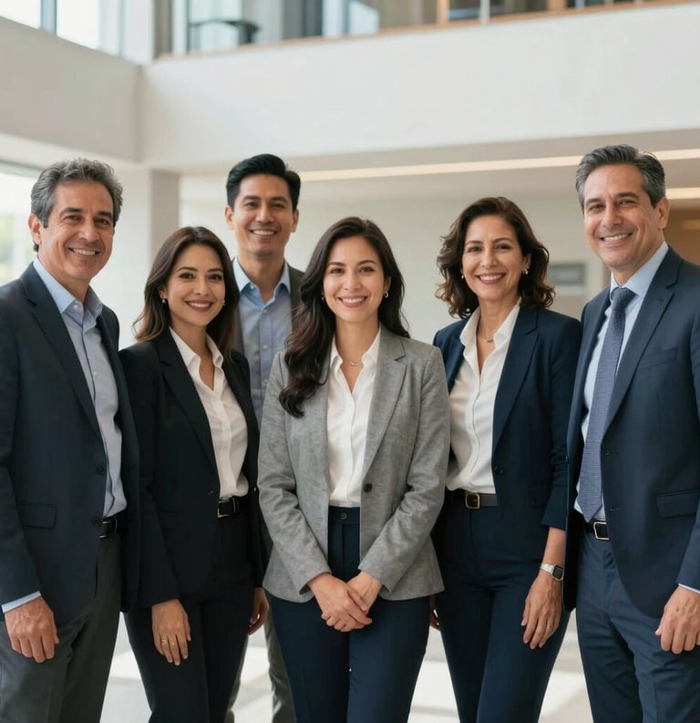 A group of professional South American colleagues standing together and smiling in a bright, modern corporate atrium, representing team unity and success.