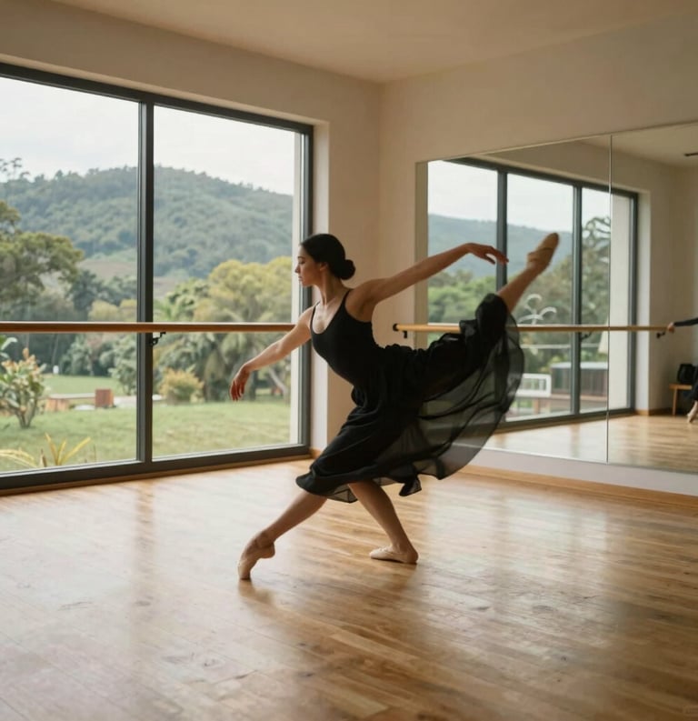An elegant, airy dance studio with blonde wood floors and mirrors. A dancer moves through a contemporary pose, blurred to emphasize flow. Outside the windows, a lush North American landscape is visible.