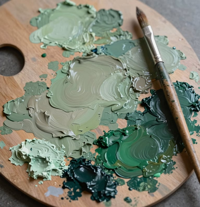 A detailed photography shot of an artist's palette with thick oil paint in shades of sage green, taupe, and deep forest green, with a professional paintbrush resting nearby, North American setting.