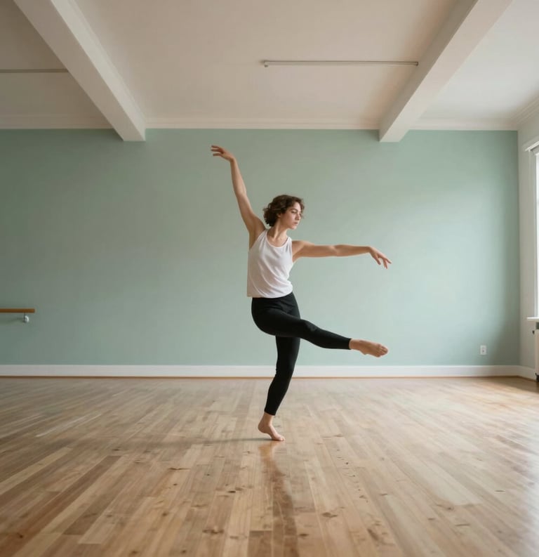 An elegant interior shot of a North American dance studio with high ceilings and wooden floors, featuring a single person in mid-motion during a modern dance sequence, captured in a serene sage green and white palette.