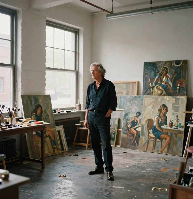 A wide-angle professional photograph of a mature artist in a sophisticated North American loft studio, surrounded by large oil canvases and jewelry tools, bathed in soft, natural morning light.