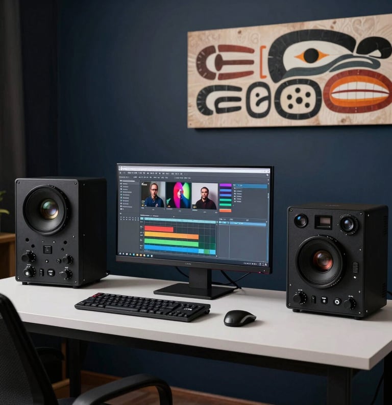 Photography of a sleek, modern workstation featuring high-end media production equipment, set against a dark navy wall with a piece of traditional North American / Urban Indigenous art.