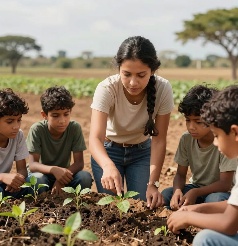 A South American / Brazilian woman demonstrating organic planting techniques to a small group of students in a sunny field. She is pointing to small green saplings. The background shows the arid but cultivated landscape of the Agreste. Colors: beige, olive green, and slate.
