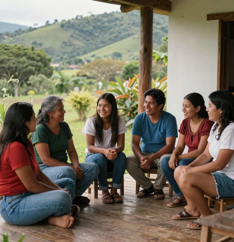 Candid photography of a group of South American / Brazilian people sitting together on a wooden porch, talking and smiling near a garden, with soft daylight and a background of green hills.