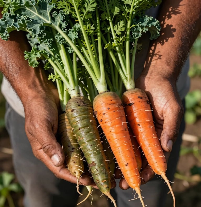 Close-up of sun-browned South American / Brazilian hands cradling a variety of vibrant organic carrots and green kale recently harvested in the Agreste region. The lighting is bright, natural morning sun, showcasing textures of the vegetables and soil. Colors: dark green and earthy olive tones.