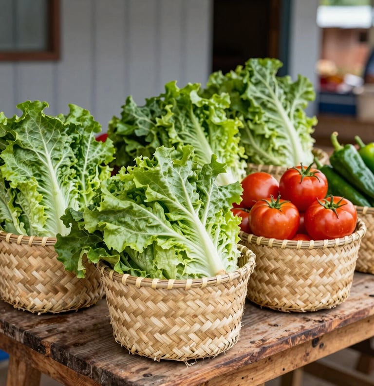 Woven straw baskets filled with freshly harvested organic lettuce, bright red tomatoes, and green peppers, displayed on a rustic wooden table at an outdoor market in a South American / Brazilian village. Clean, bright, and natural aesthetic. Colors: olive drab and slate gray.