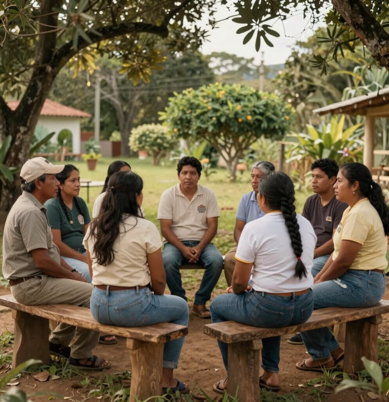 A group of South American / Brazilian people sitting together on rustic wooden benches in a shaded garden area. They are engaged in a community meeting, reflecting a warm, authentic atmosphere in a rural setting. Soft afternoon light filtering through trees. Colors: beige and olive green.