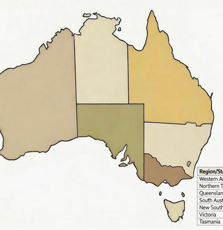 outline of Australia with regions and states listed in a table