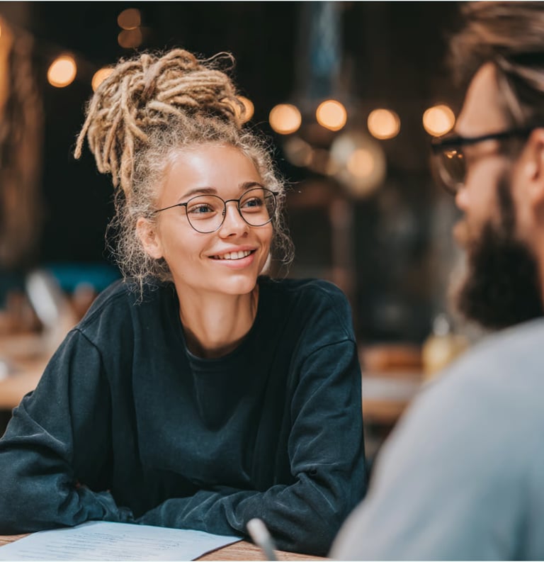 Woman sitting down with her financial planner in coffee shop