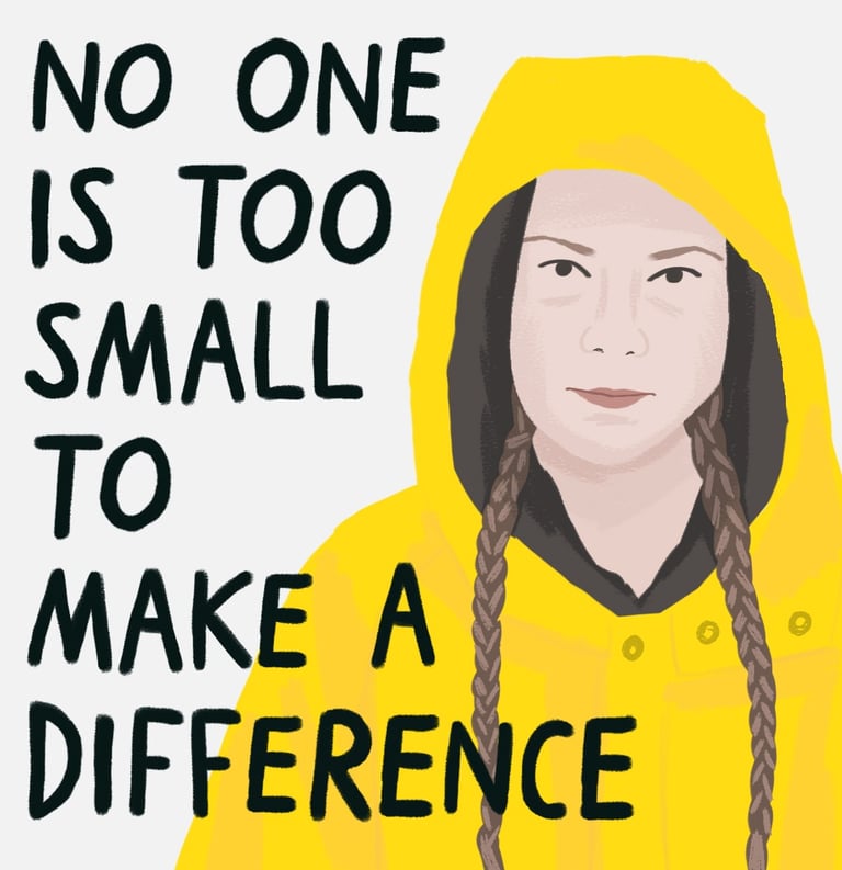 An illustration of the climate activist Greta Thunberg in a yellow raincoat.