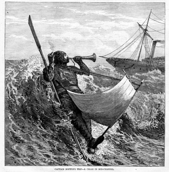 Vintage illustration of Captain Boyton in a rubber life suit blowing a horn while floating in ocean waves.