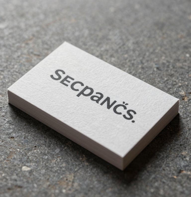 A high-end textured business card resting on a smooth stone surface, captured in soft morning light with charcoal minimalist typography, Spanish-speaking professional setting.