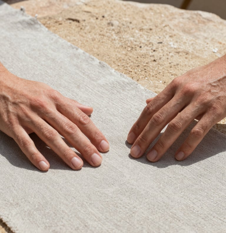 Close-up detail of hands delicately touching a swatch of raw greige linen fabric, sand-colored stone in the background, bright natural lighting, Spanish-speaking context.