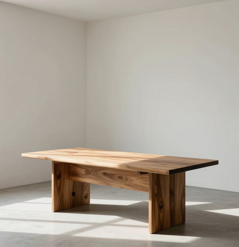 A serene, minimalist office studio with off-white walls, a single organic wooden desk, and soft shadows from natural light, reflecting a Spanish-speaking aesthetic.