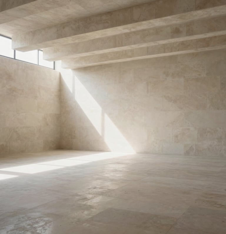 A wide architectural shot of a bright, airy studio with clean stone textures and high ceilings, soft natural light filtering through, Spanish-speaking environment.
