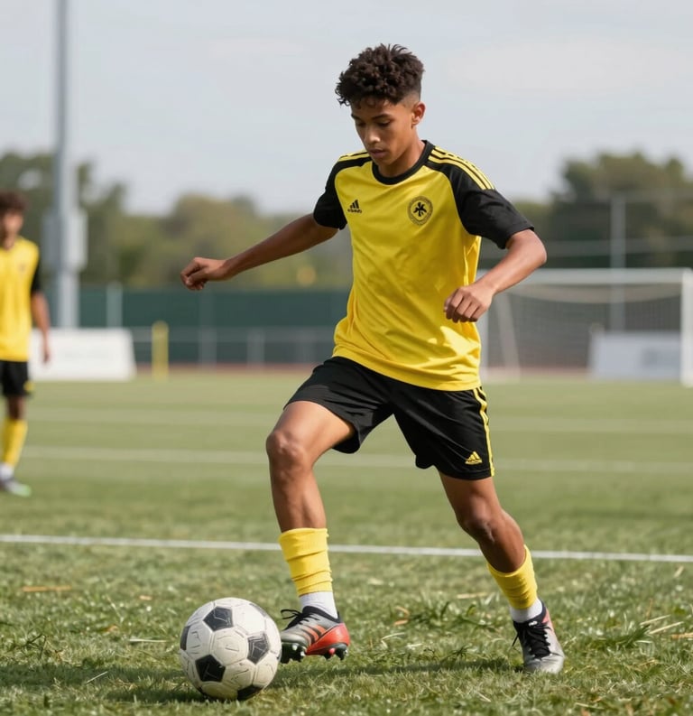 Professional photography of a young teenage boy of diverse origin performing a skilled soccer drill with a ball. He is wearing a yellow and black training kit. European sports complex background, bright daylight, dynamic action shot.
