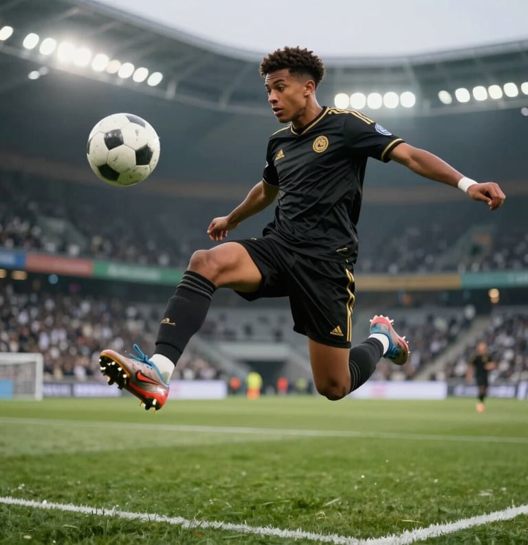 Cinematic shot of a young soccer player of diverse origin, mid-air while kicking a soccer ball. Sharp focus, stadium lights in a European facility, dynamic movement. The player wears a professional black kit with gold accents.