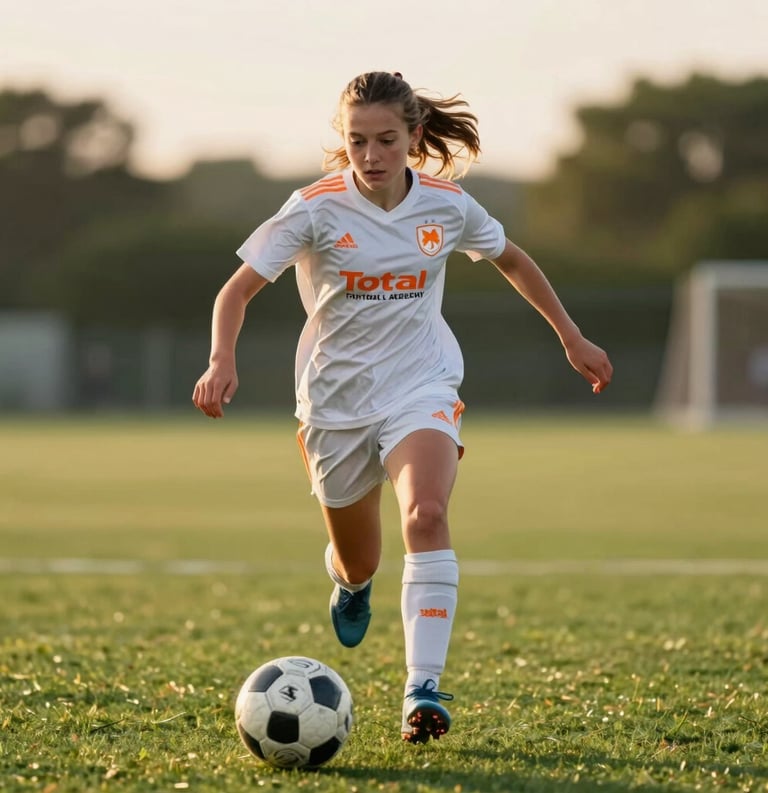 A young European girl with an athletic build sprinting with a soccer ball on a lush green field. She wears a white jersey with the Total Football Academy logo in orange. Professional sports photography, sunset lighting.