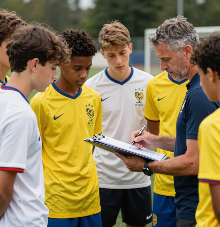 A group of diverse teenagers, boys and girls, huddling together with a professional soccer coach on a field in France. They are looking at a tactical clipboard. Dynamic, inspiring atmosphere with bright yellow and white accents in their gear.