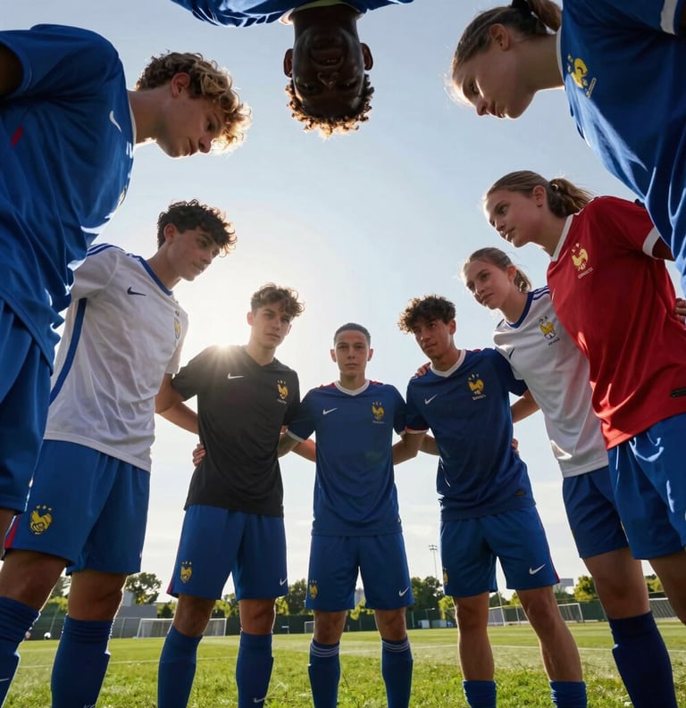 Low angle photography of a group of diverse young athletes, boys and girls, huddling together on a soccer pitch in France. They look motivated and inspired. The sun shines behind them, creating a professional and heroic atmosphere.