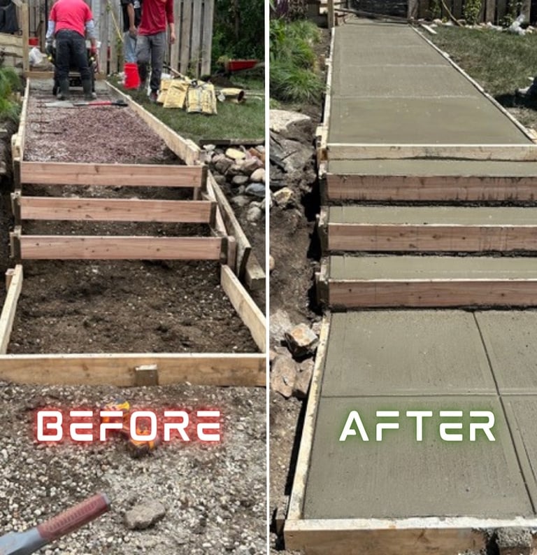 a man is building a concrete walkway with concrete steps