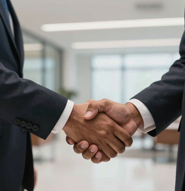 A close-up photograph of hands shaking between two South Asian professionals in a brightly lit, modern Indian office lobby, symbolizing a successful partnership.