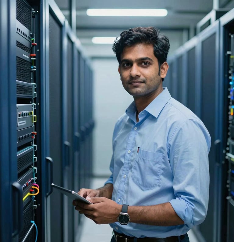 A modern South Asian engineer in professional attire standing in a data center with steel blue server racks, clean lines, and soft focused lighting highlighting technological sophistication.