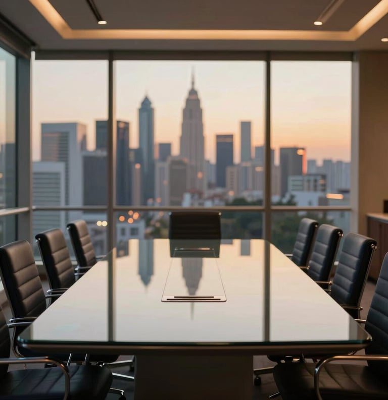 A high-end corporate boardroom in an Indian metropolitan city with a sleek glass table and dark navy chairs, overlooking a blurred city skyline at dusk with gold-toned ambient lighting.