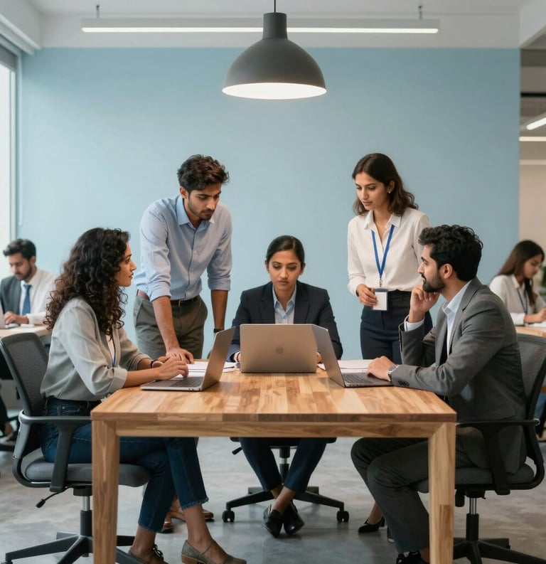 A diverse team of South Asian professionals collaborating in a brightly lit, modern open-plan office with pale blue walls and contemporary wooden furniture, emphasizing corporate unity.