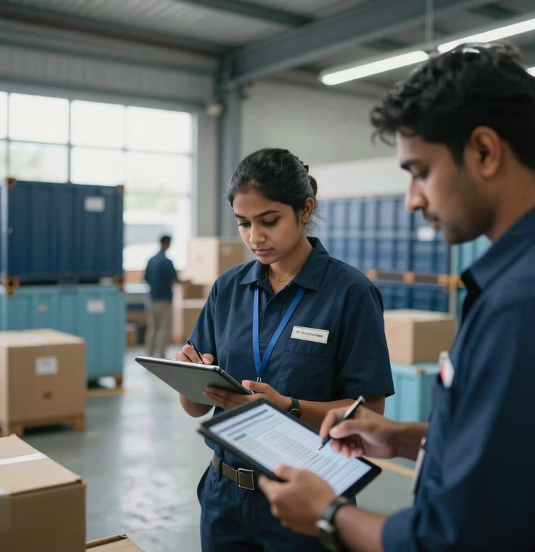 A clean, modern logistics center in a South Asian urban area with professional staff reviewing digital shipping manifests on tablets, soft natural lighting through high windows, navy blue and pale blue accents.