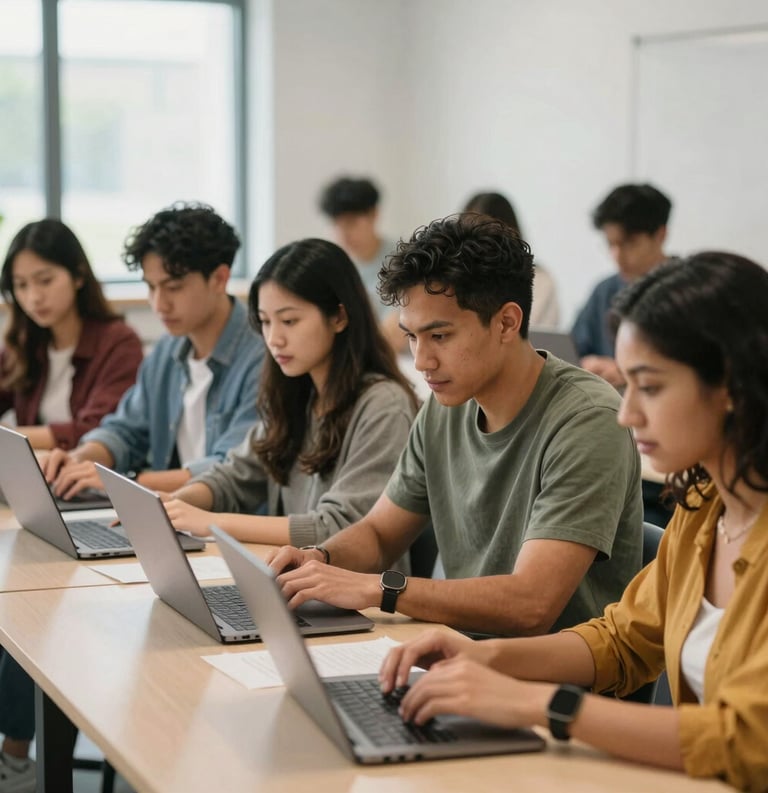 A diverse group of North American adult students in a bright, modern learning center using laptops and collaborating on a project, expressing focus and a sense of community.