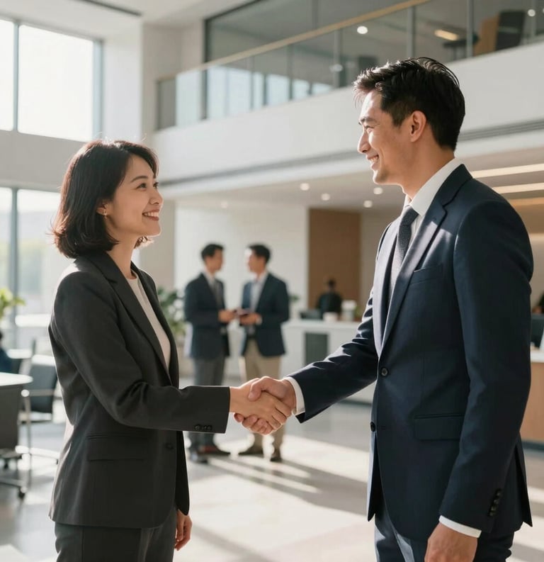Two professionals in a modern North American office lobby shaking hands warmly during a networking event, surrounded by soft afternoon sunlight and clean architectural lines.
