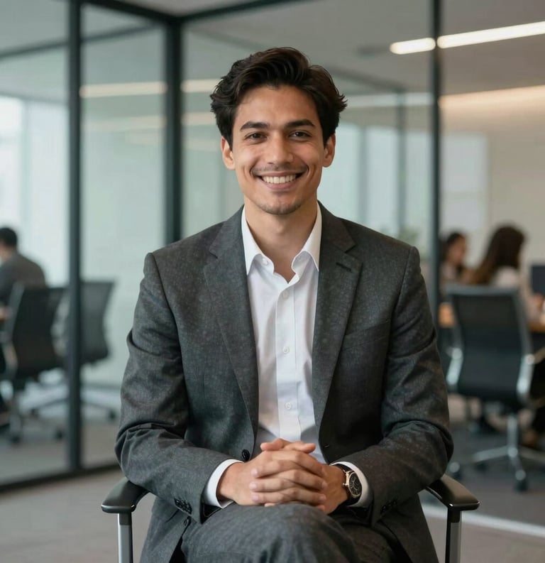 A smiling candidate in professional North American business attire sitting confidently in a modern glass-walled office, appearing hopeful and prepared for an interview.
