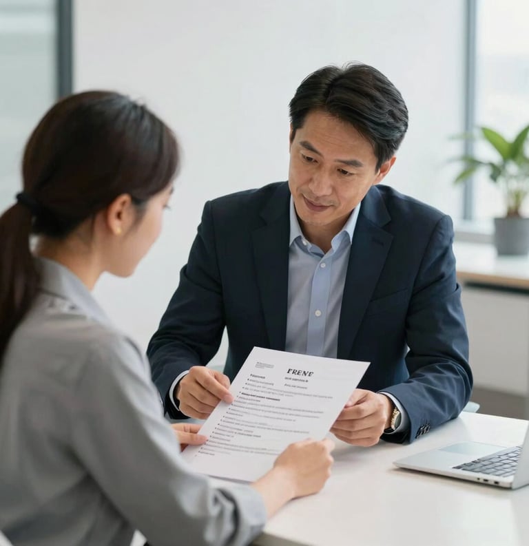 A professional mentor and a candidate sitting at a clean, white table in a bright North American office, reviewing a printed resume together with focused, hopeful expressions.