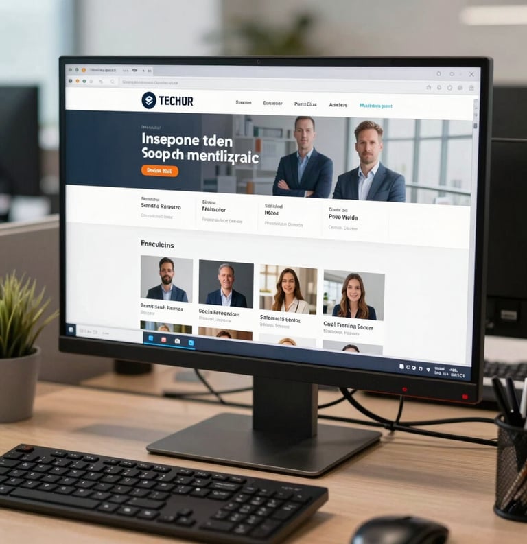 A crisp photograph of a professional workstation in a North American corporate setting, featuring a high-resolution monitor displaying a professional social media profile, with a focus on clean design and professional branding elements.