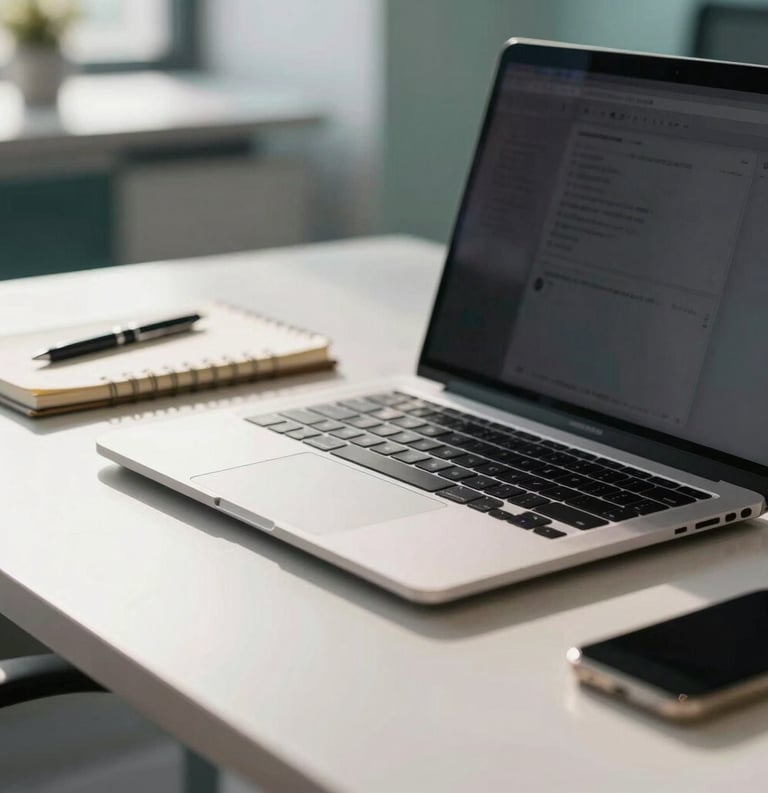 A close-up photograph of a professional laptop and a notebook on a clean, modern desk in a bright North American office, with soft sunlight and muted teal accents in the background.